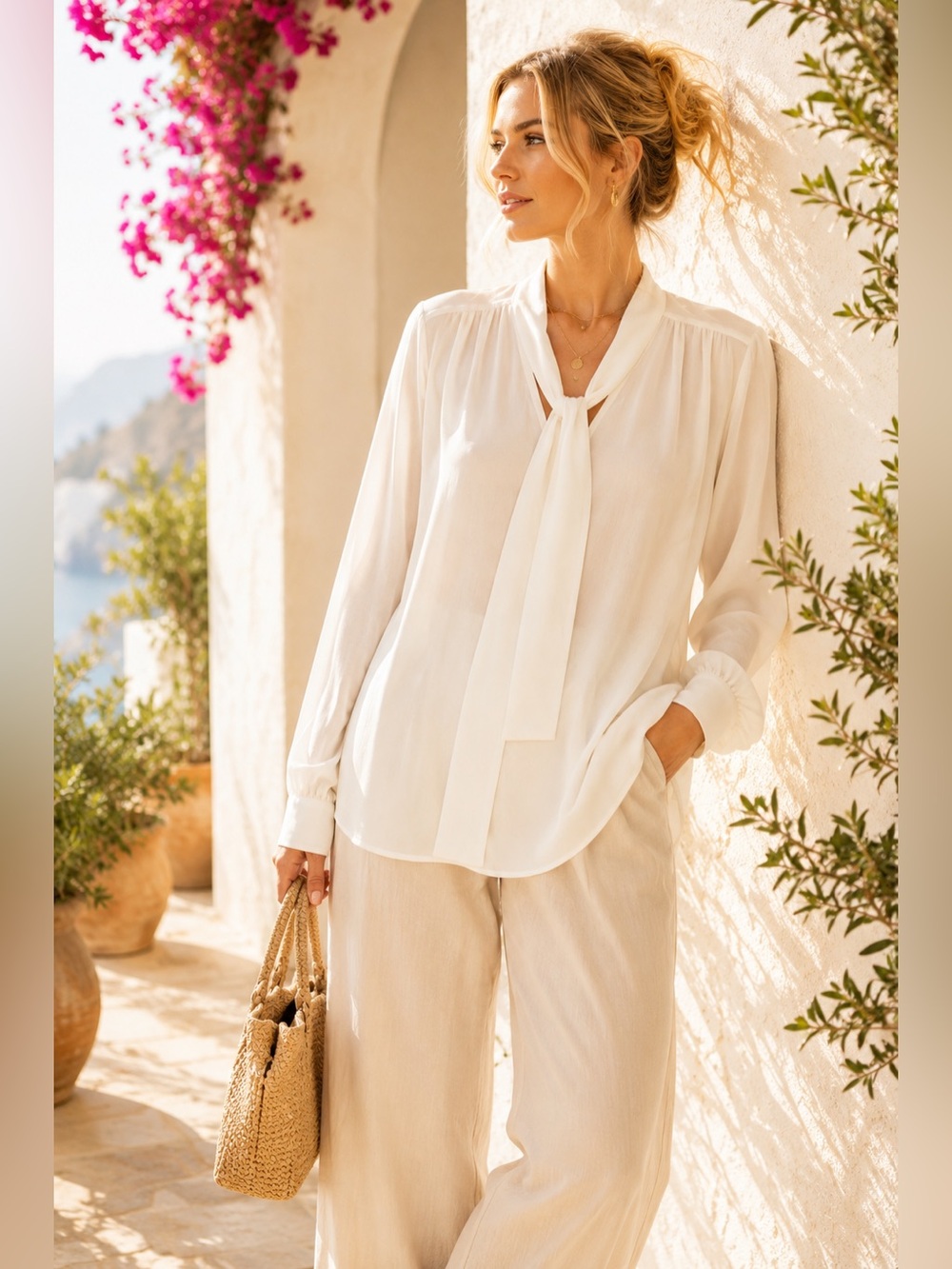 99. COMPTOIR DES COTONNIERS | 100% Silk Bow Tie Blouse | Cream | 20/26